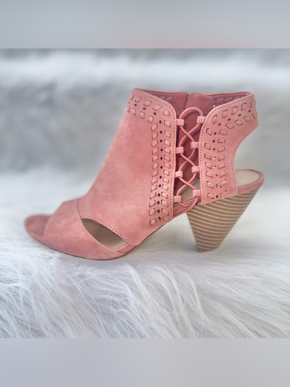 Vince Camuto Pink Suede Laser Cut Open Toe Booties | Size 9M/40